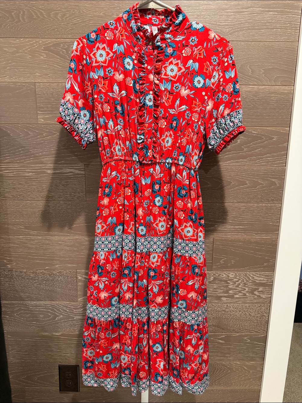 Lapis Red Floral Tiered Midi Dress with Blue Accents